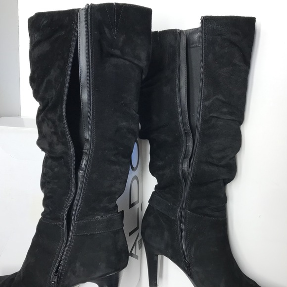 ALDO Black Suede Knee-High Buckle Stiletto Slouch Boots Women's Size 8M - Picture 4 of 12